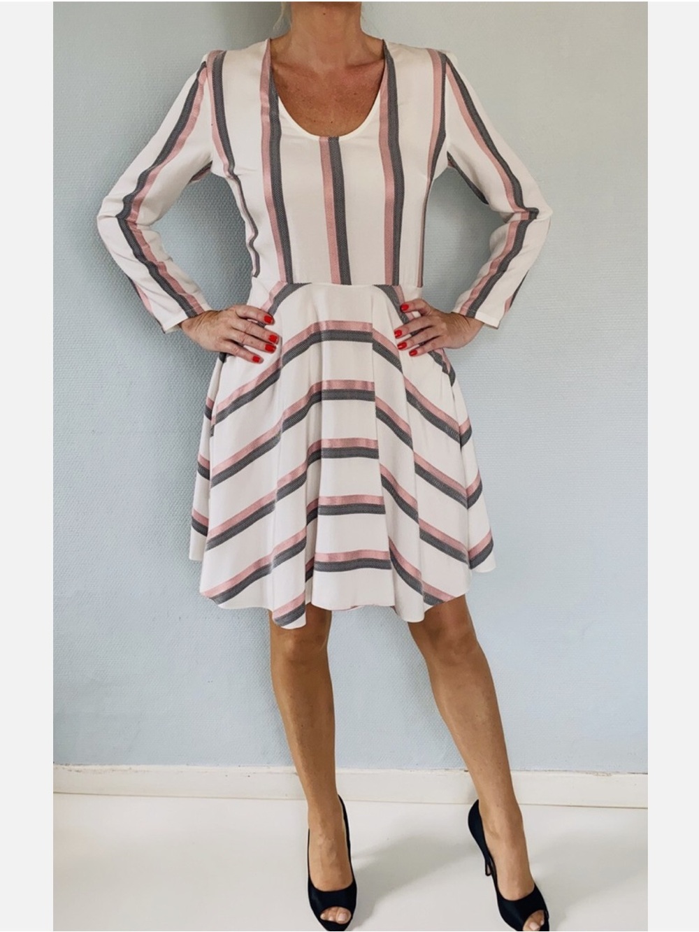 Maje Paris Striped Long-Sleeve Fit & Flare Mini Dress, size 2